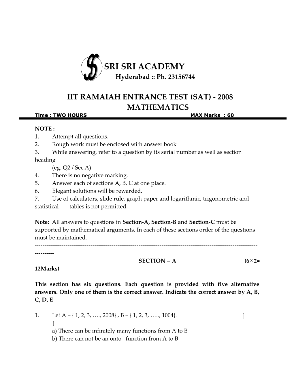 Iit Ramaiah Entrance Test (Sat) - 2008