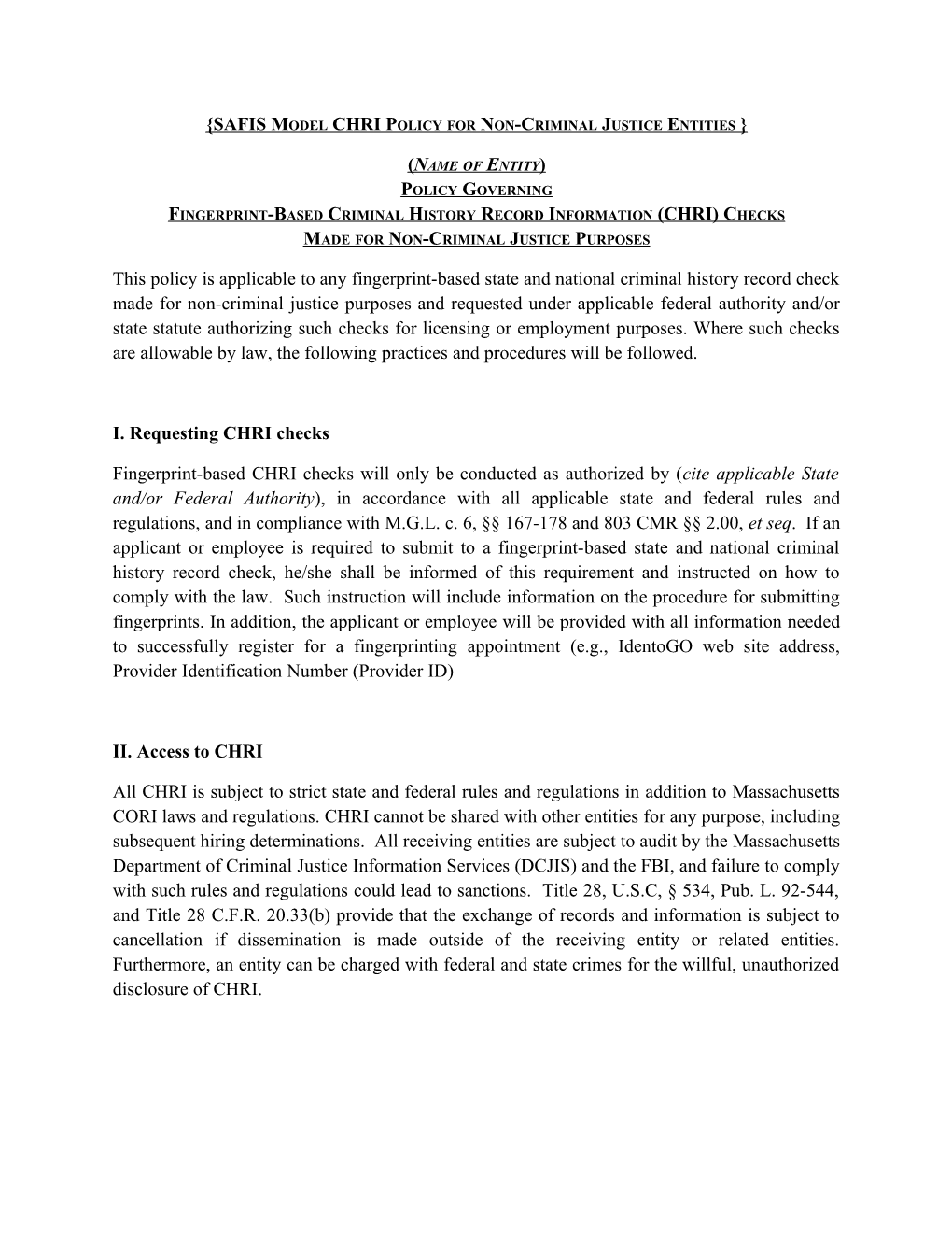 SAFIS Model CHRI Policy for Non-Criminal Justice Entities