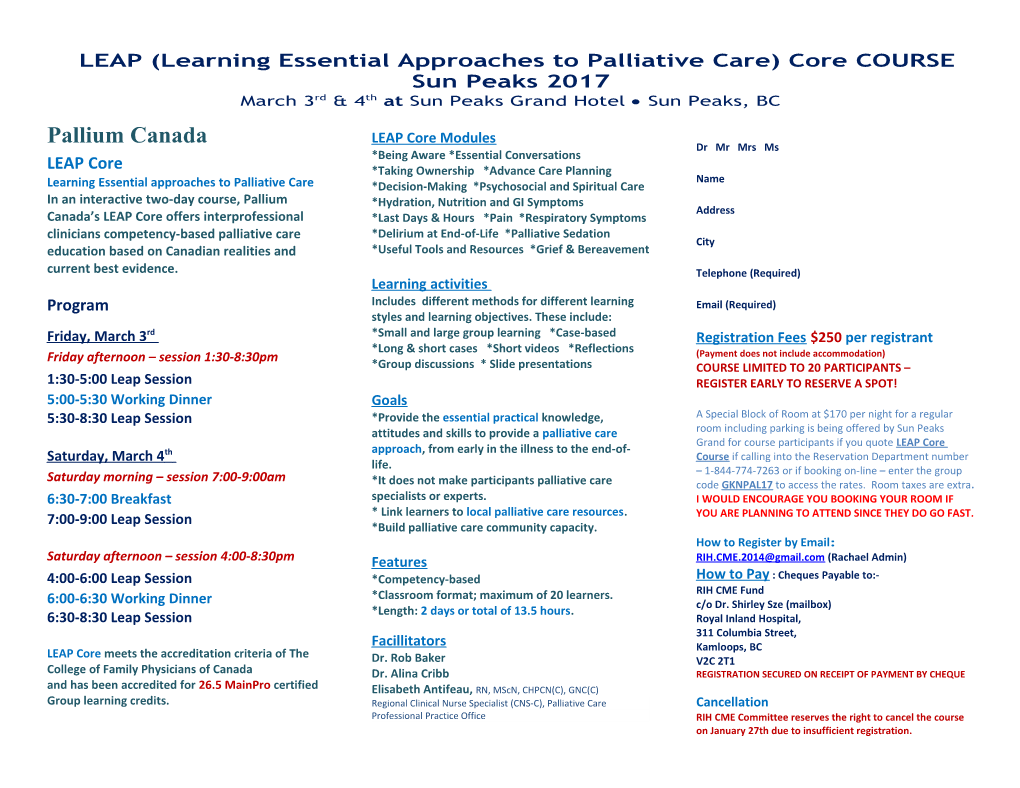 LEAP (Learning Essential Approaches to Palliative Care) Core COURSE Sun Peaks 2017