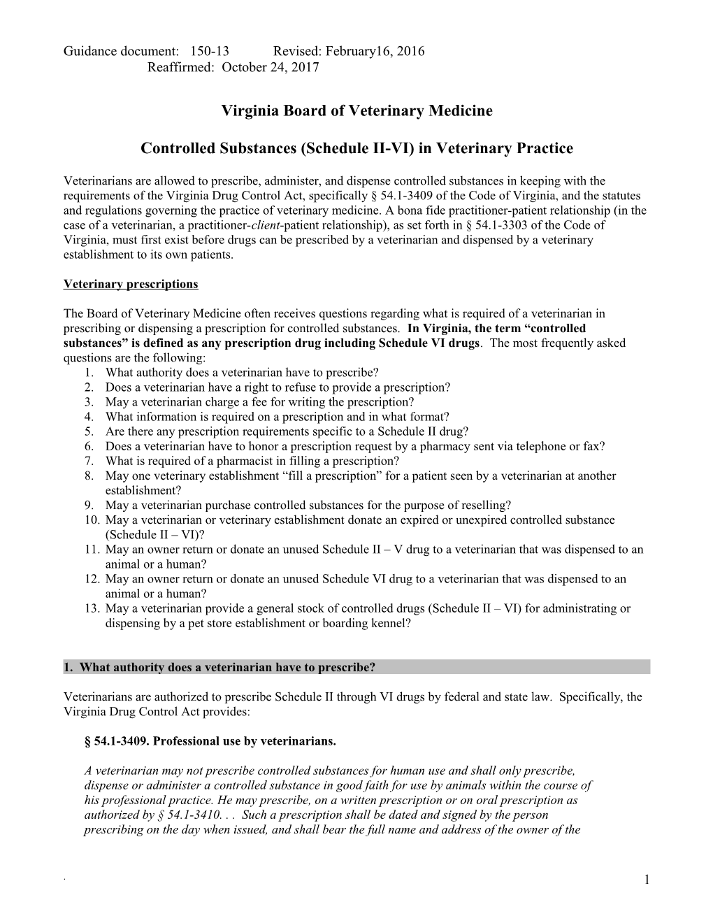 Guidance Document 150-13: Veterinary Prescriptions
