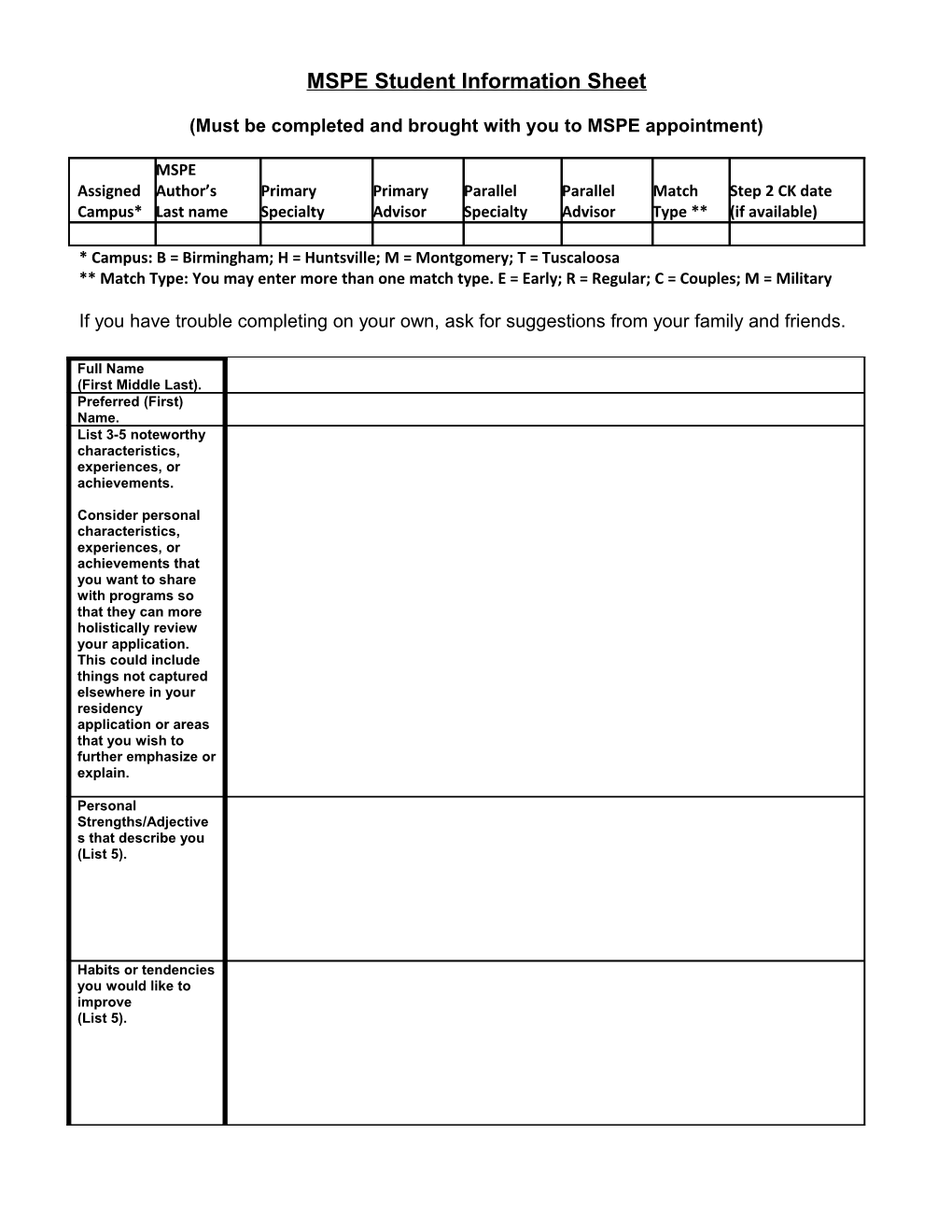 MSPE Student Information Sheet