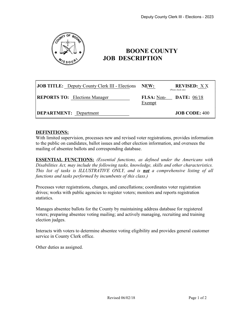 Deputy County Clerk III - Elections - 2023