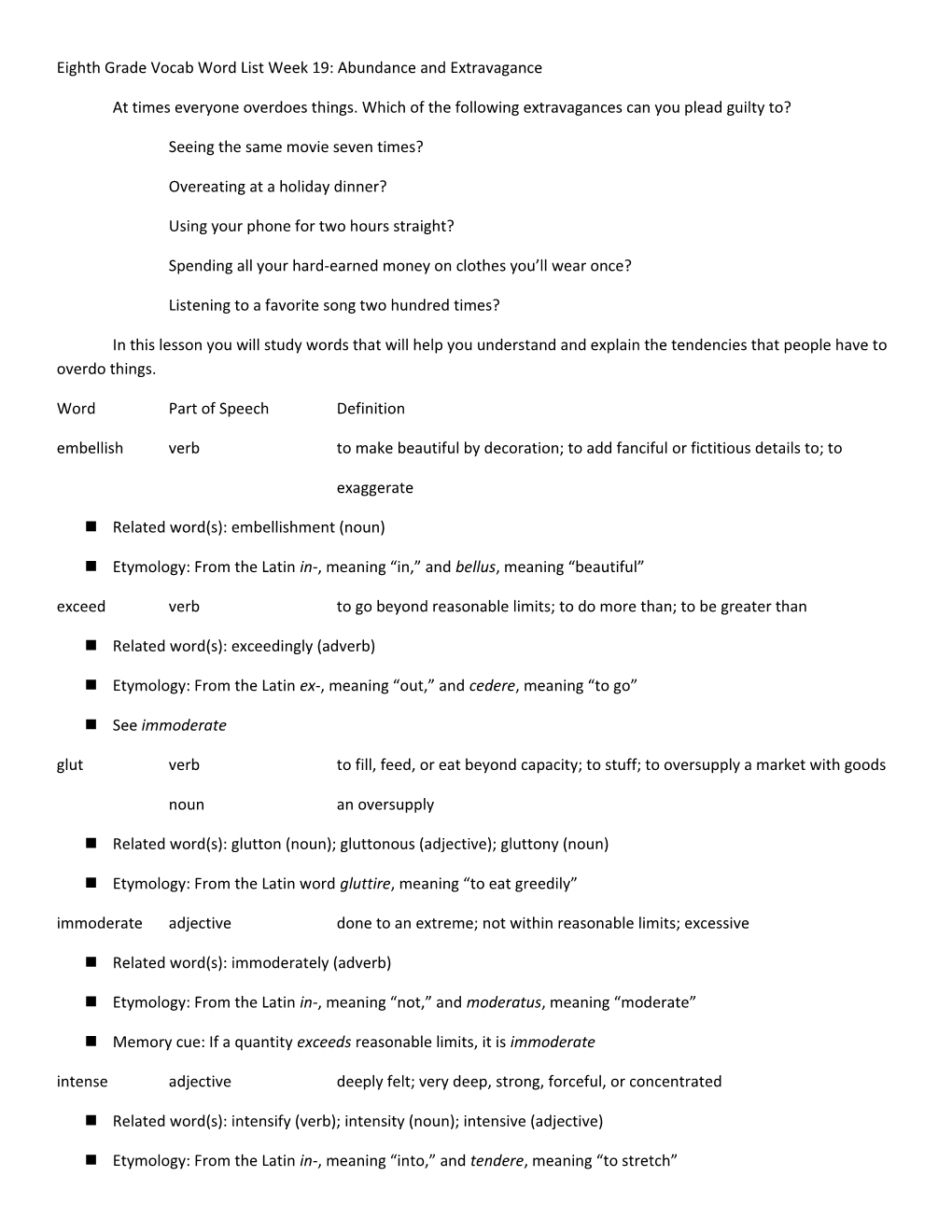 Eighth Grade Vocab Word List Week 19: Abundance and Extravagance