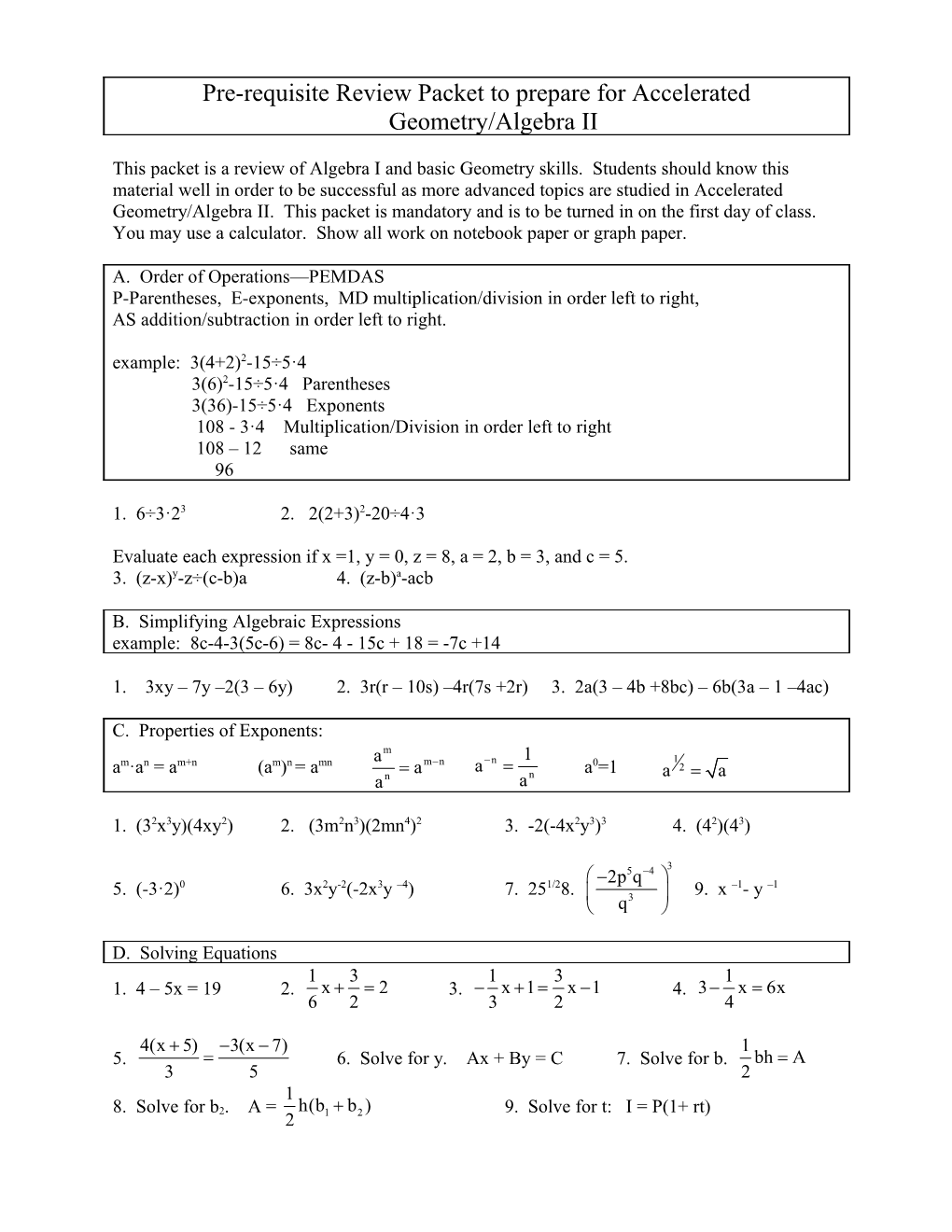 Review Packet to Prepare for Algebra II Honors