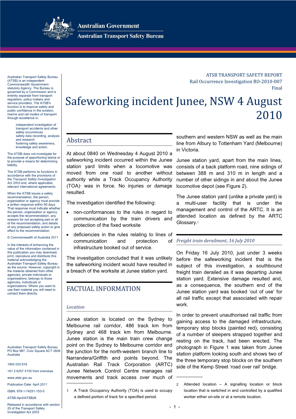 Safeworking Incident Junee, NSW 4 August 2010