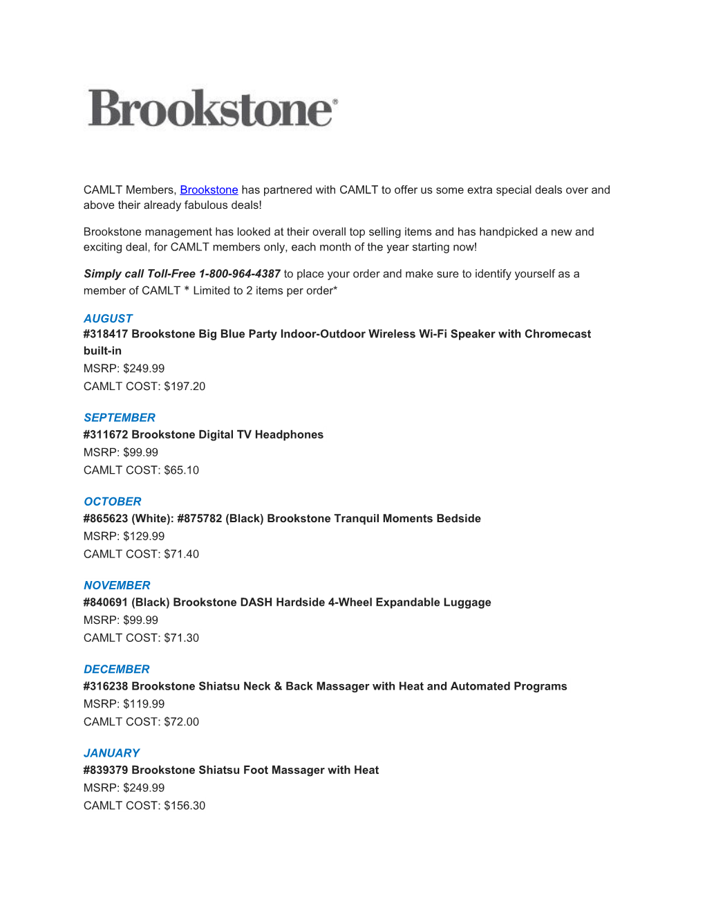 CAMLT Members, Brookstone Has Partnered with CAMLT to Offer Us Some Extra Special Deals