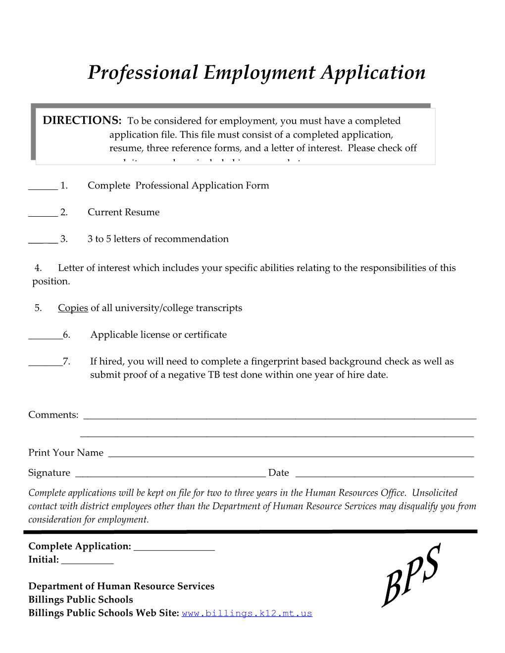 Professional Employment Application