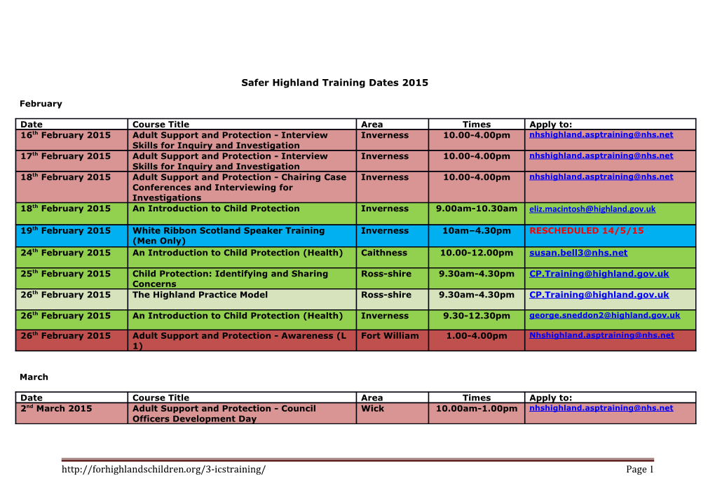 Safer Highland Training Dates 2014/15