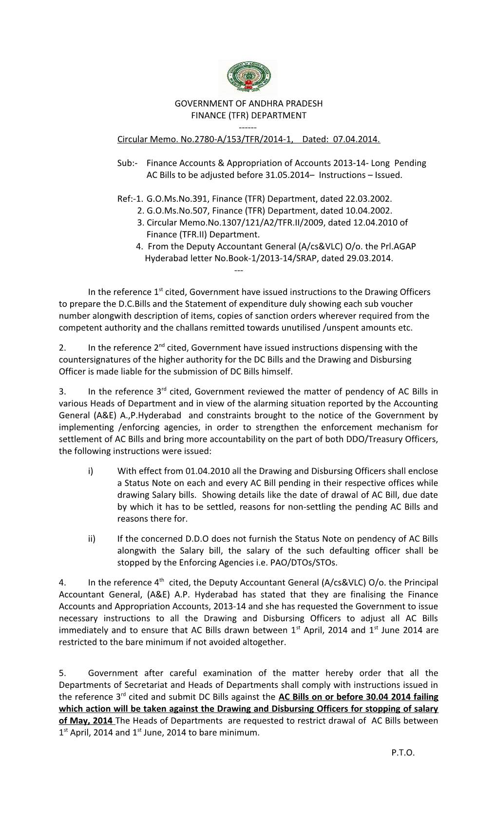 Circular Memo. No.2780-A/153/TFR/2014-1, Dated: 07.04.2014