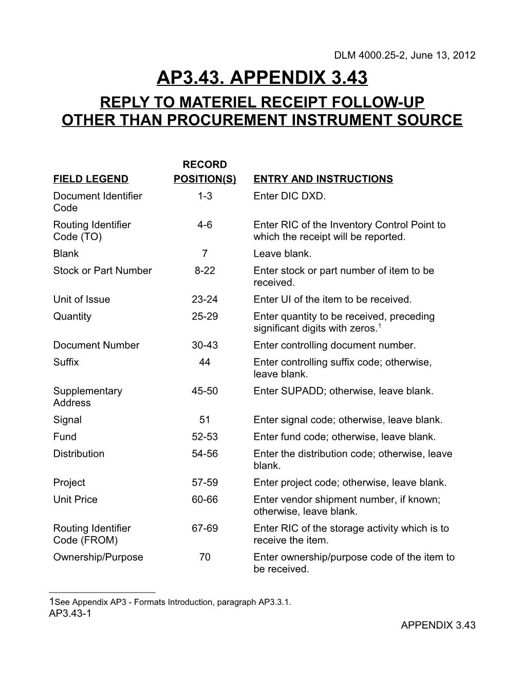 MILSTRAP AP3.43 DXD Reply to Materiel Receipt Followup - Other Than Procurement Instrument