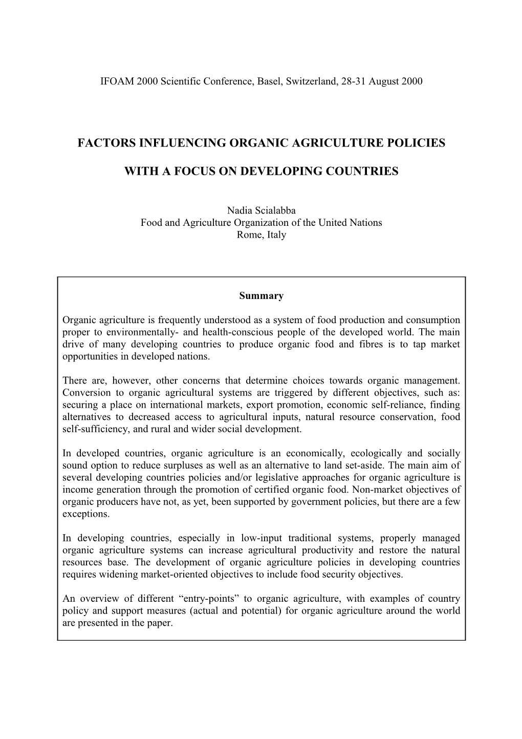 Presentation to the Policy Workshop of the IFOAM 2000 Scientific Conference