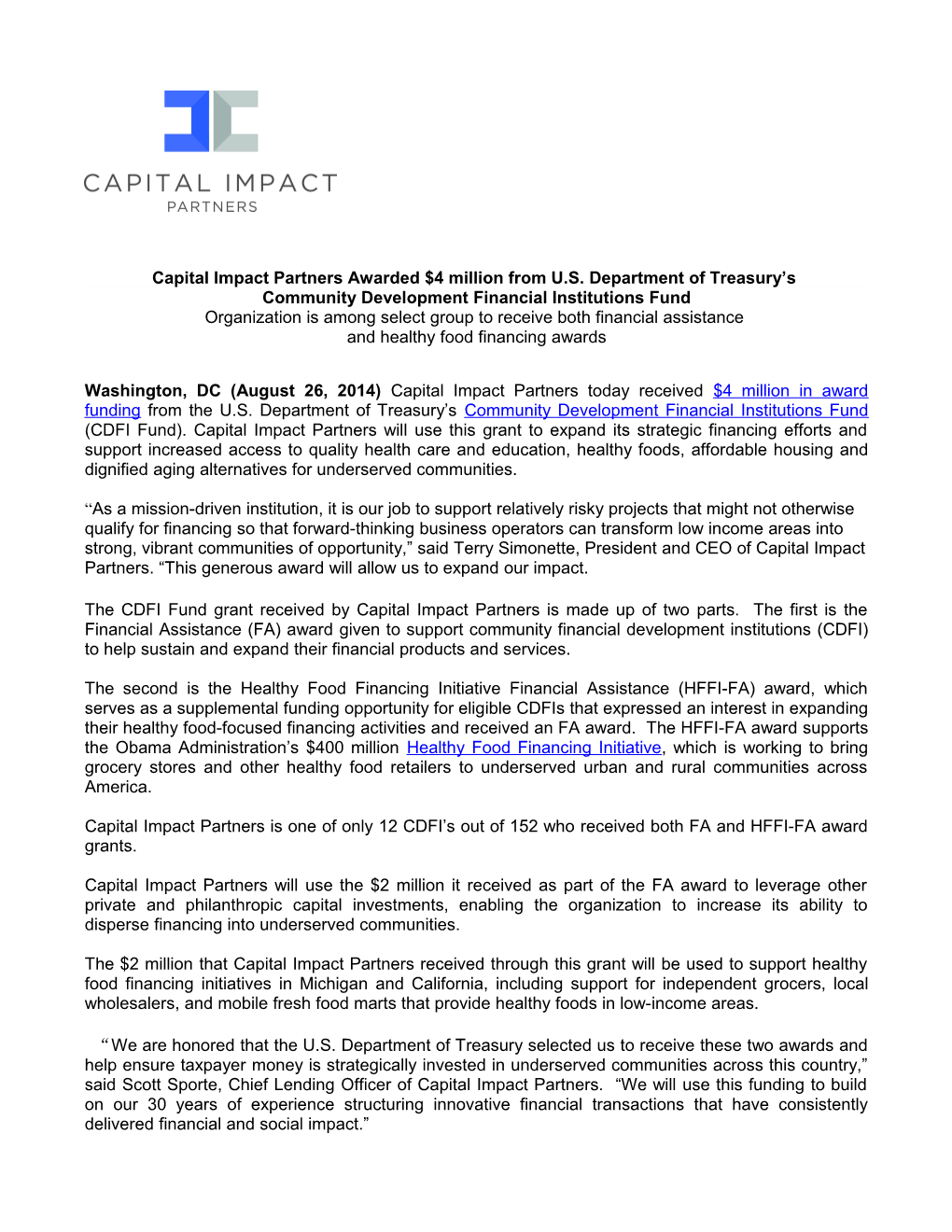 Capital Impact Partners Awarded $4 Million from U.S. Department of Treasury S