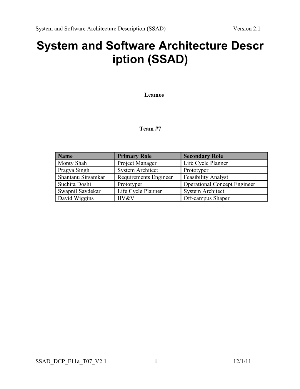 System and Software Architecture Description (SSAD) s1