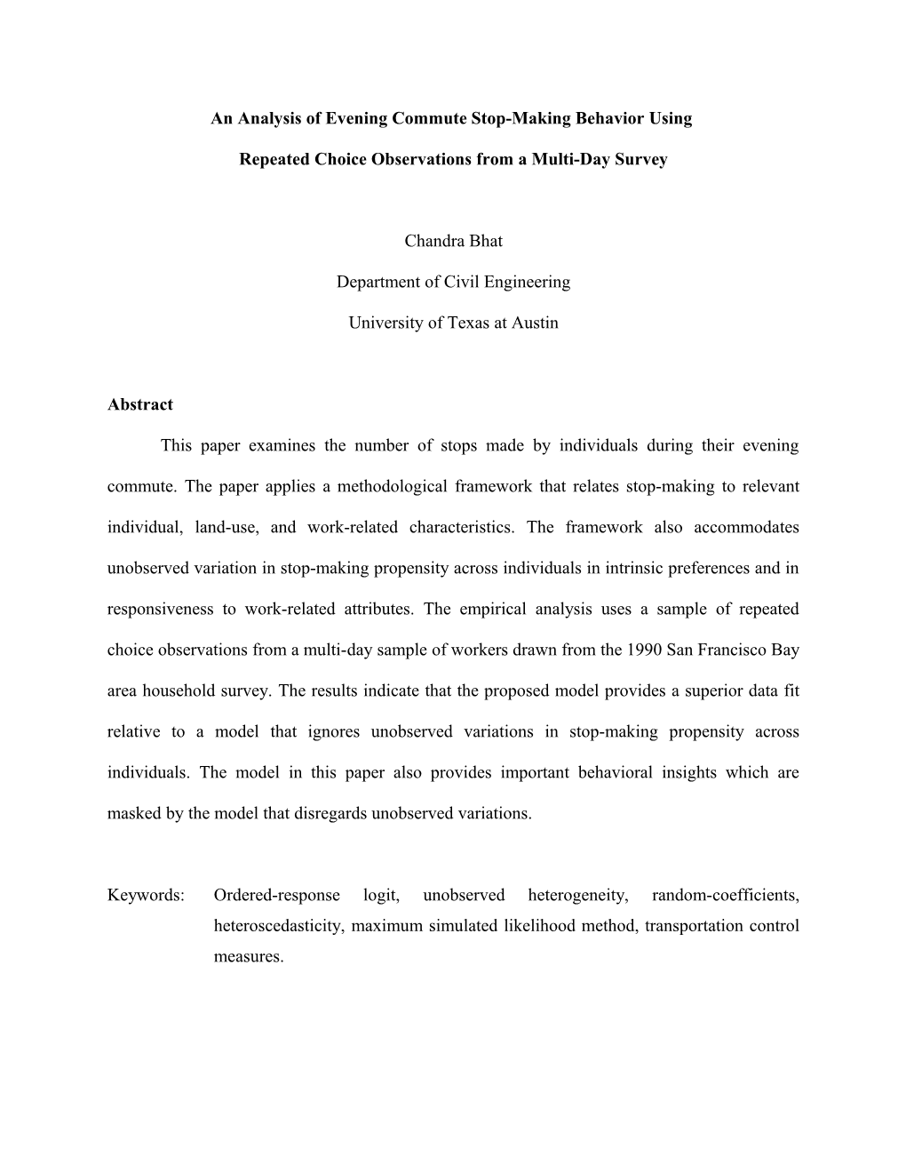 An Analysis of Evening Commute Stop-Making Behavior Using