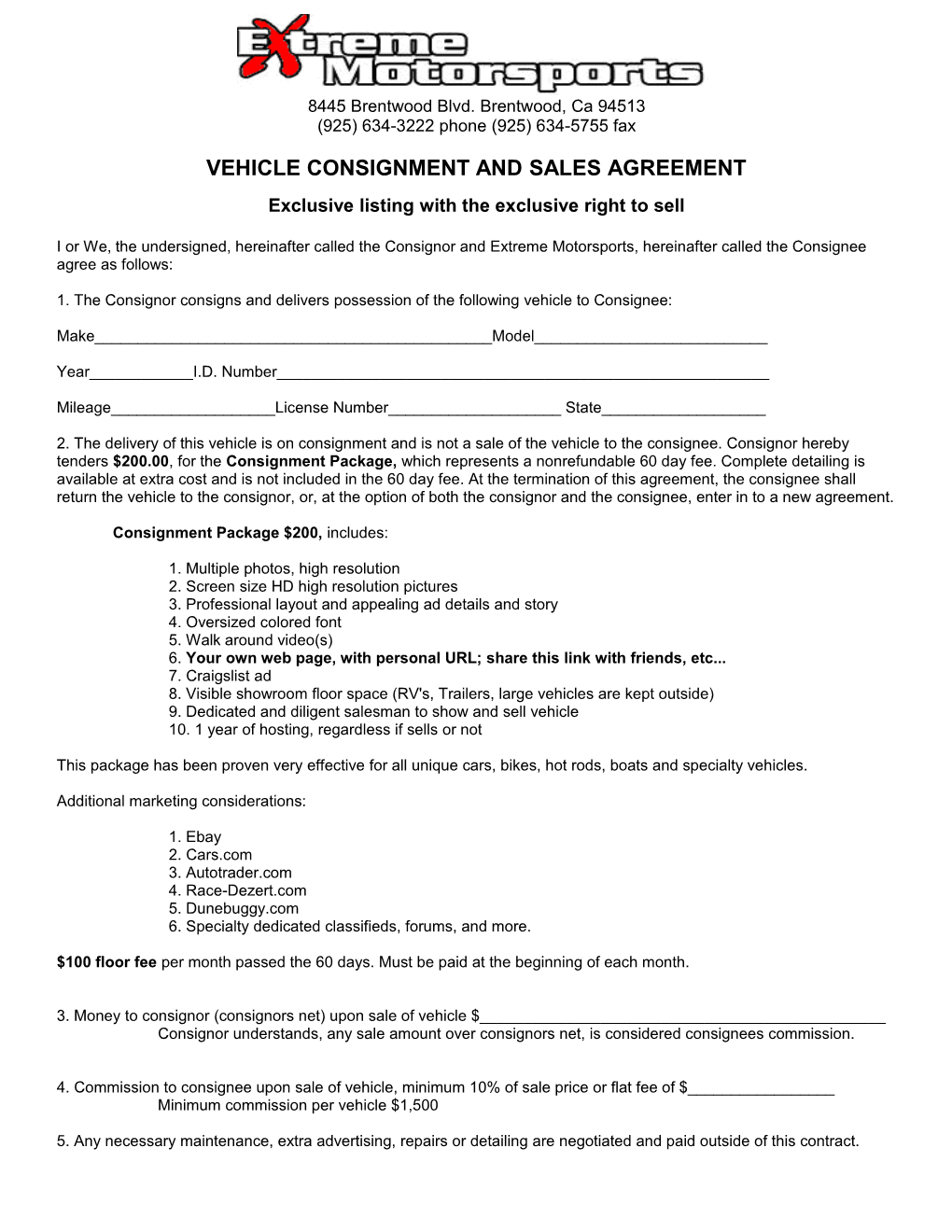 Vehicle Consignment and Sales Agreement