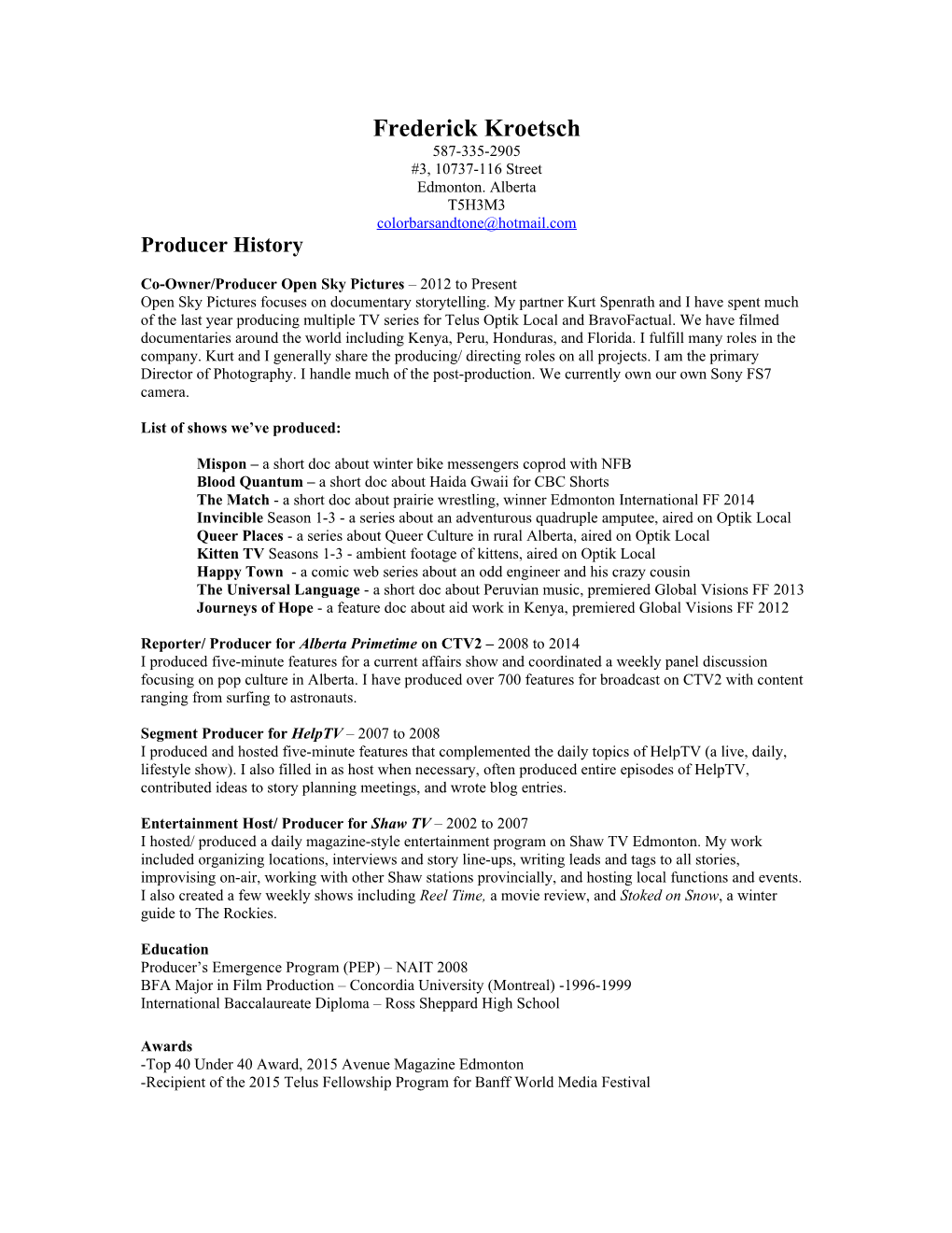 Resume for Frederick Kroetsch