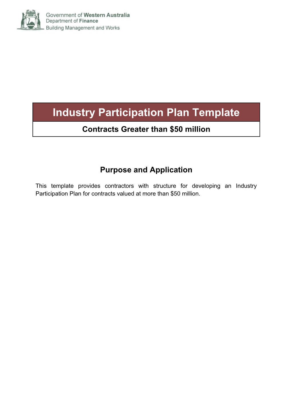 Industry Participation Plan Template for Contracts Over $50M