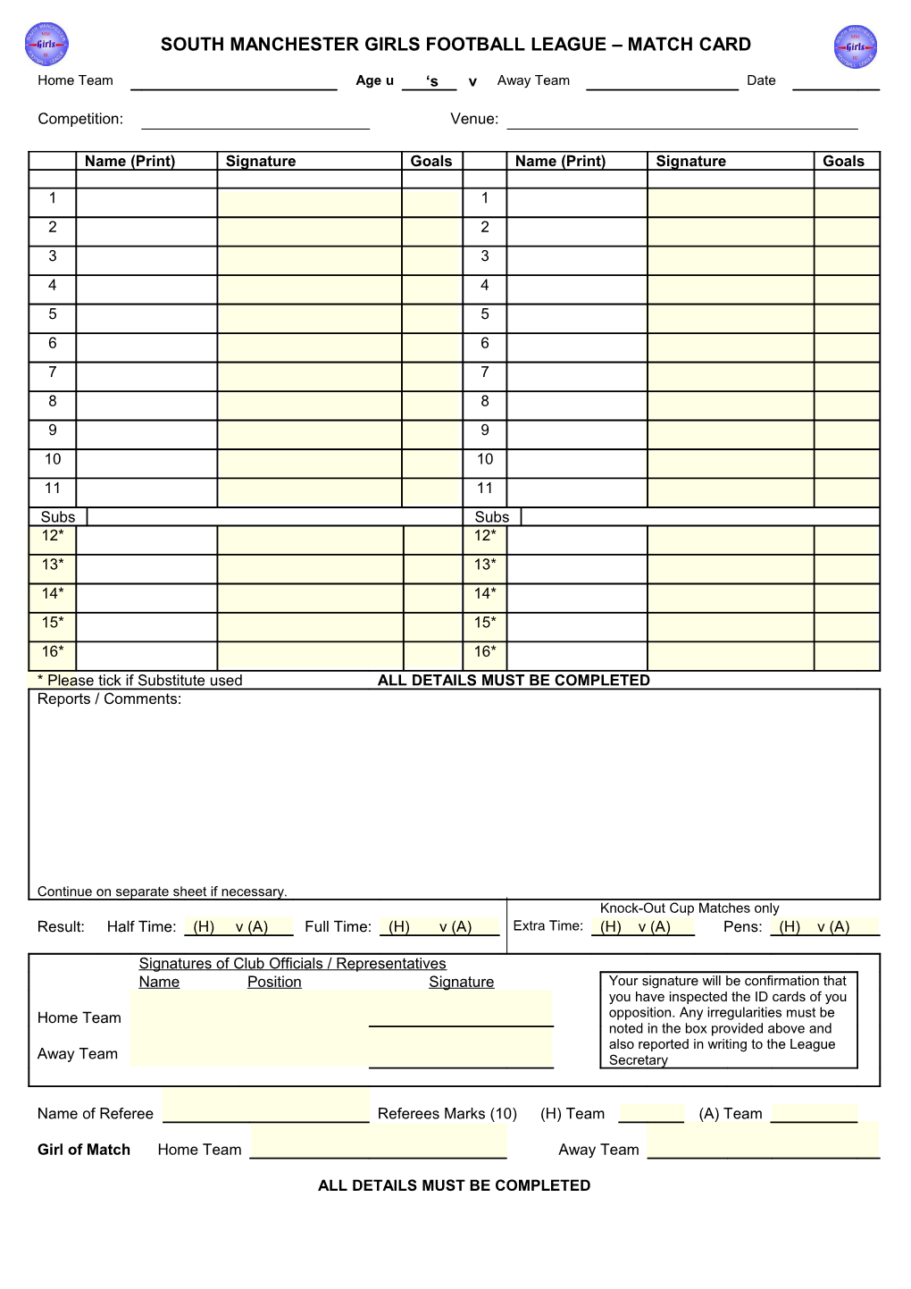 South Manchester Girls Football League Match Card