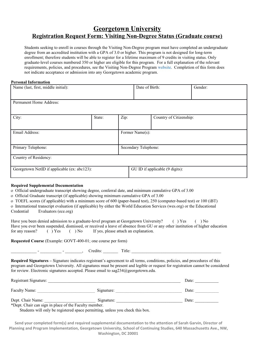 Registration Request Form: Visiting Non-Degree Status (Graduate Course)