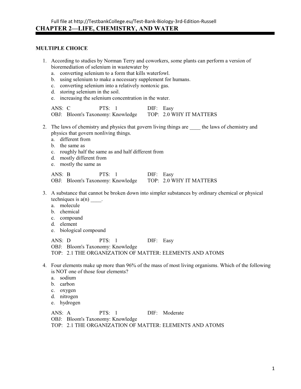 Chapter 2 Life, Chemistry, and Water