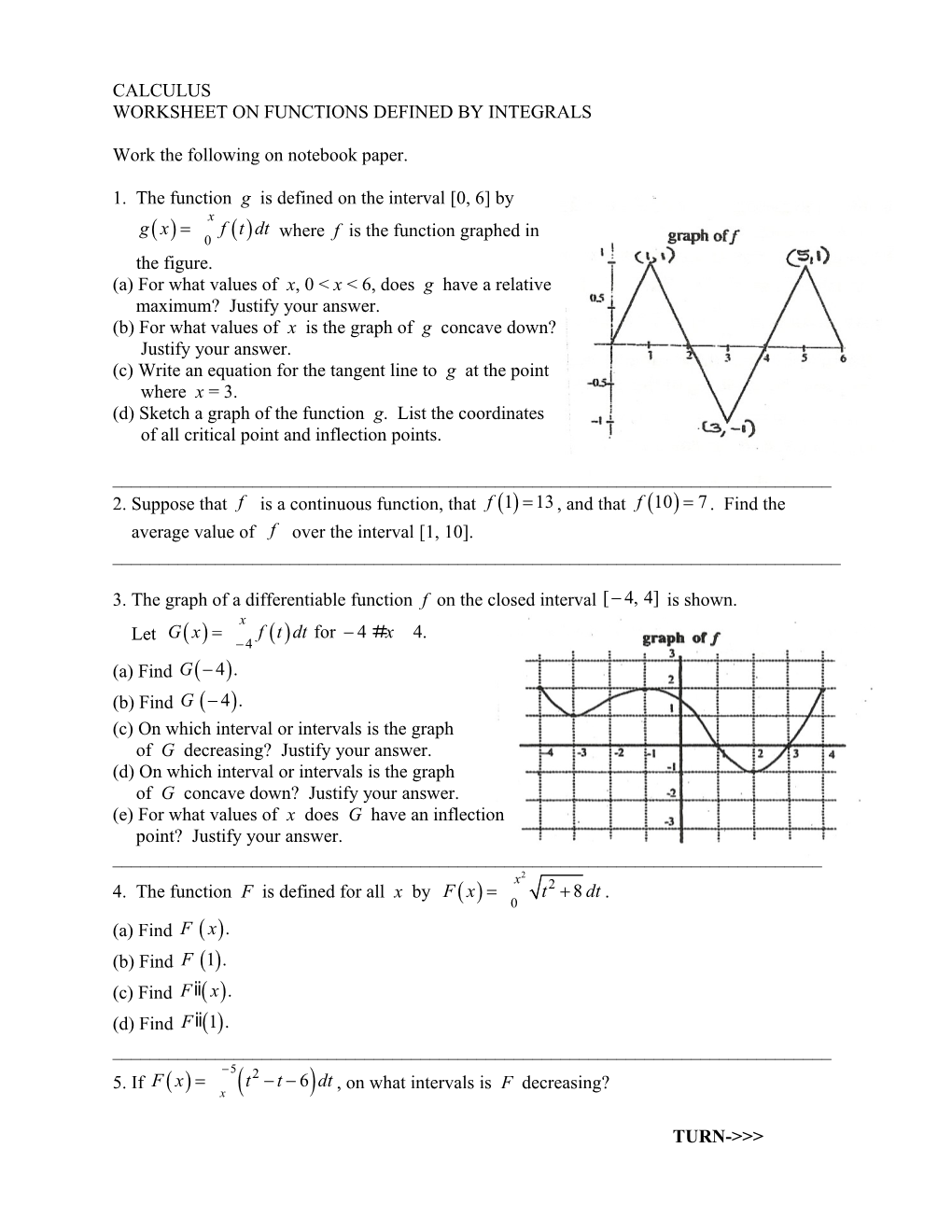 Worksheet on Functions Defined by Integrals
