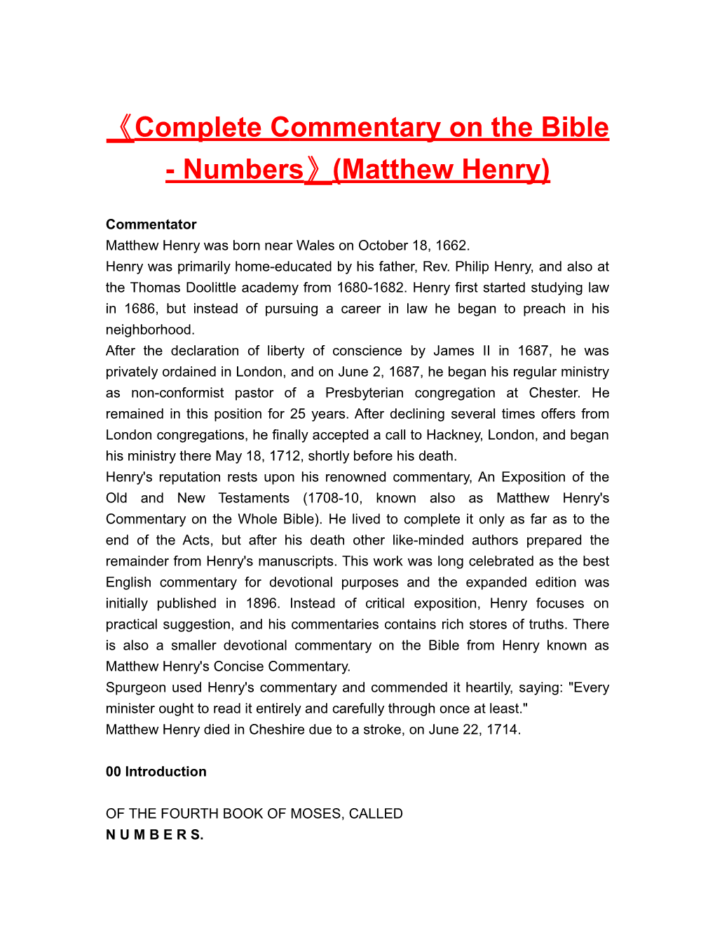 Complete Commentary on the Bible - Numbers (Matthew Henry)