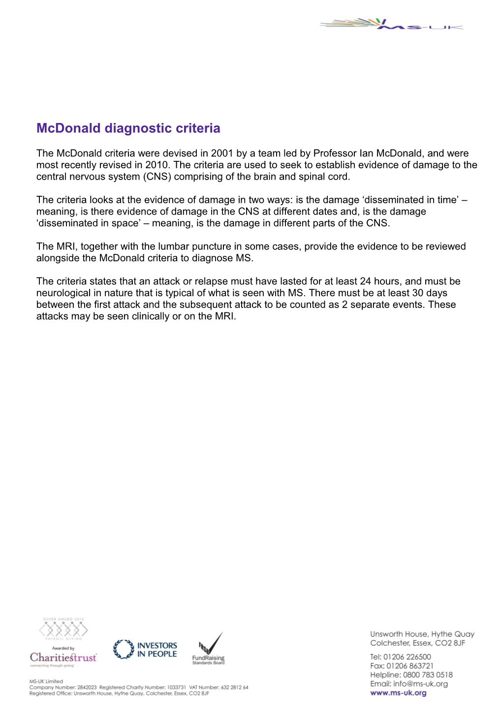 Mcdonald Diagnostic Criteria