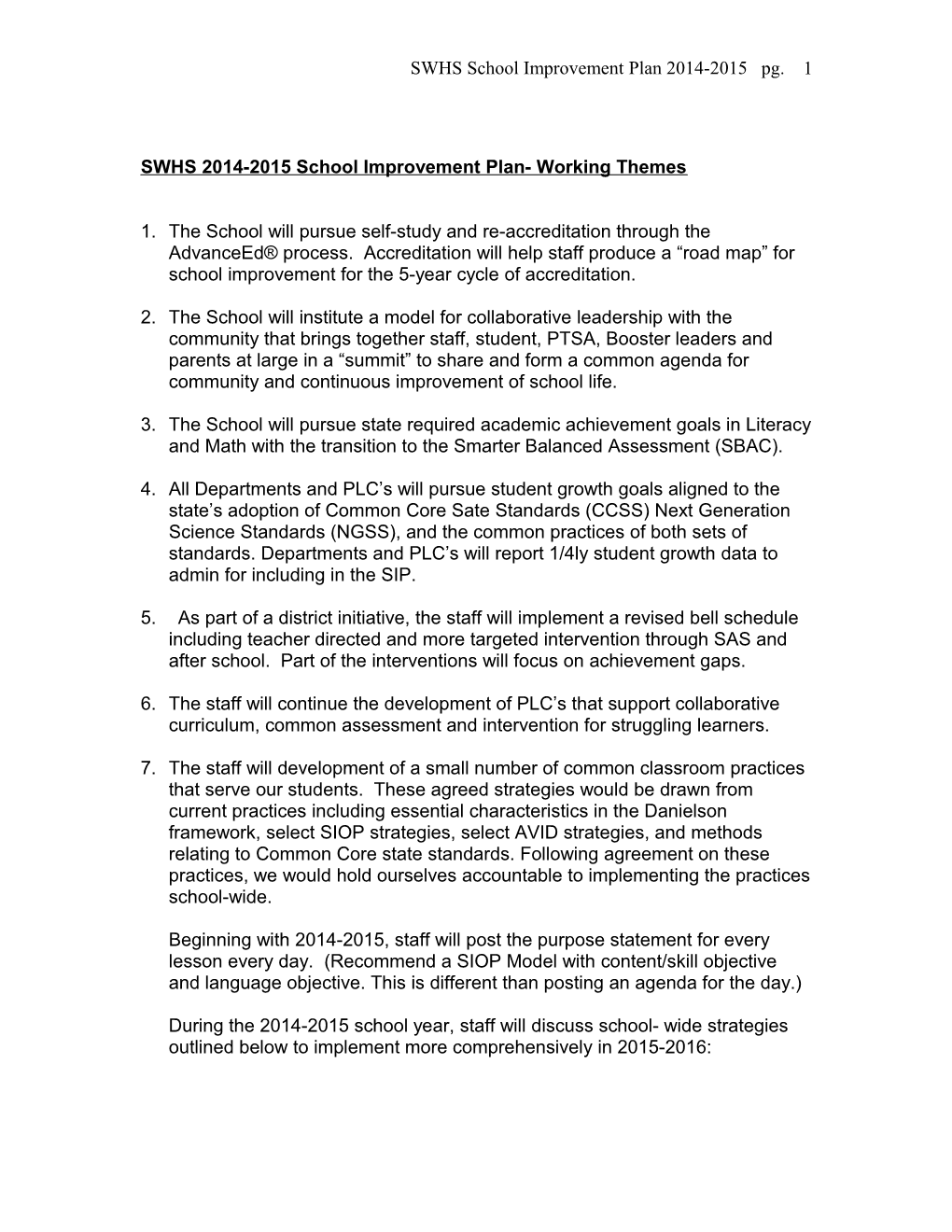 SWHS 2014-2015 School Improvement Plan- Working Themes
