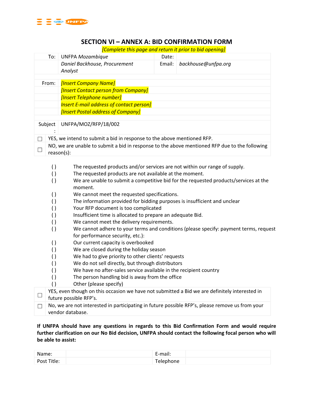 Section VI ANNEX A: Bid Confirmation Form