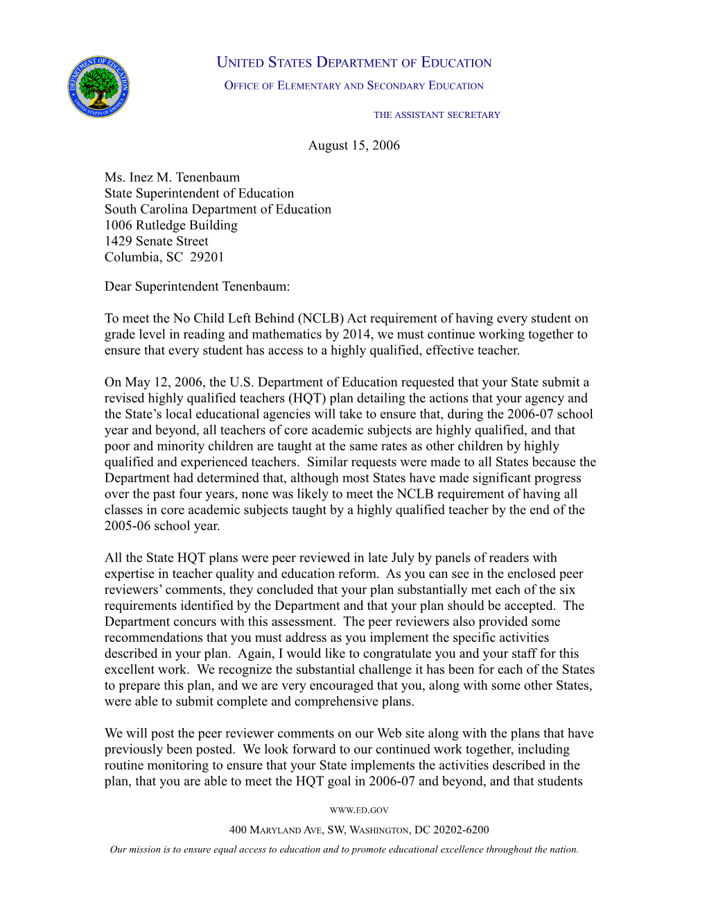 South Carolina Letter to Chief State School Officer Regarding the Peer Review Comments