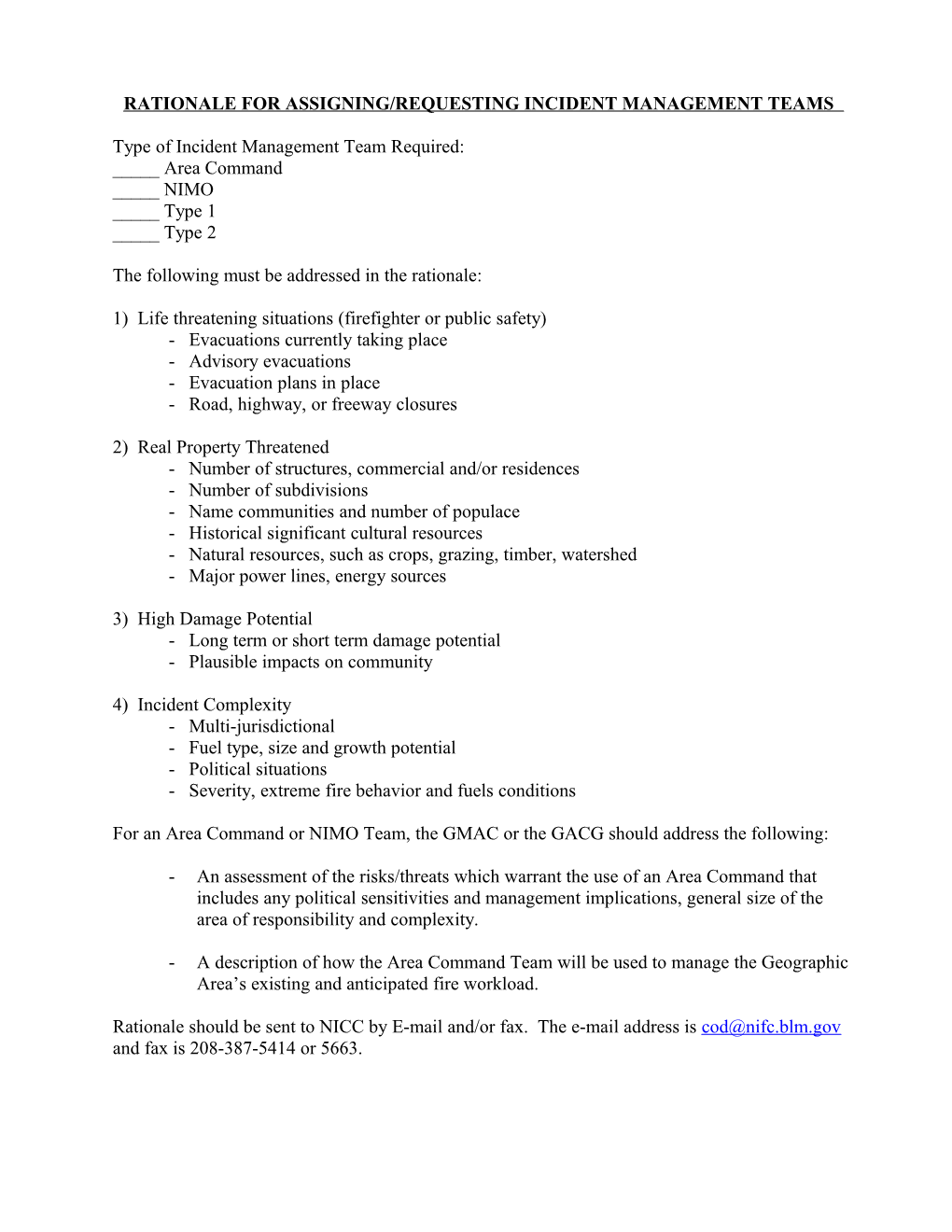 Rationale for Assigning/Requesting Incident Management Teams