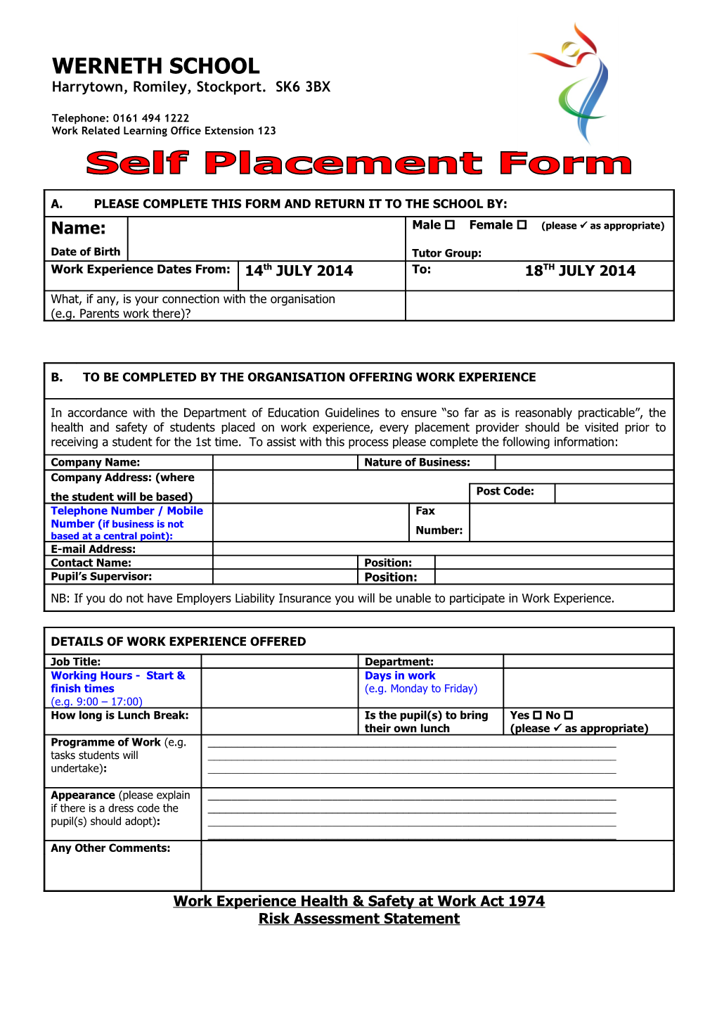 Own Placement Form