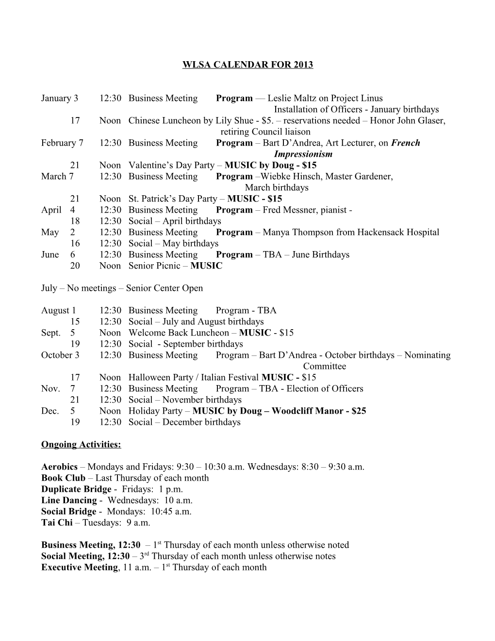 Wlsa Calendar for 2012