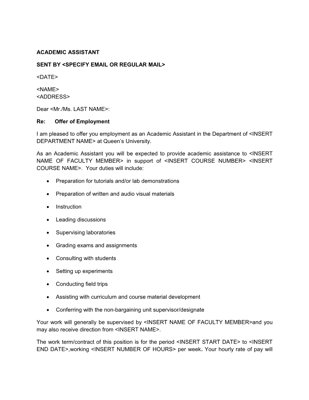Academic Assistant Usw Template Offer Letter