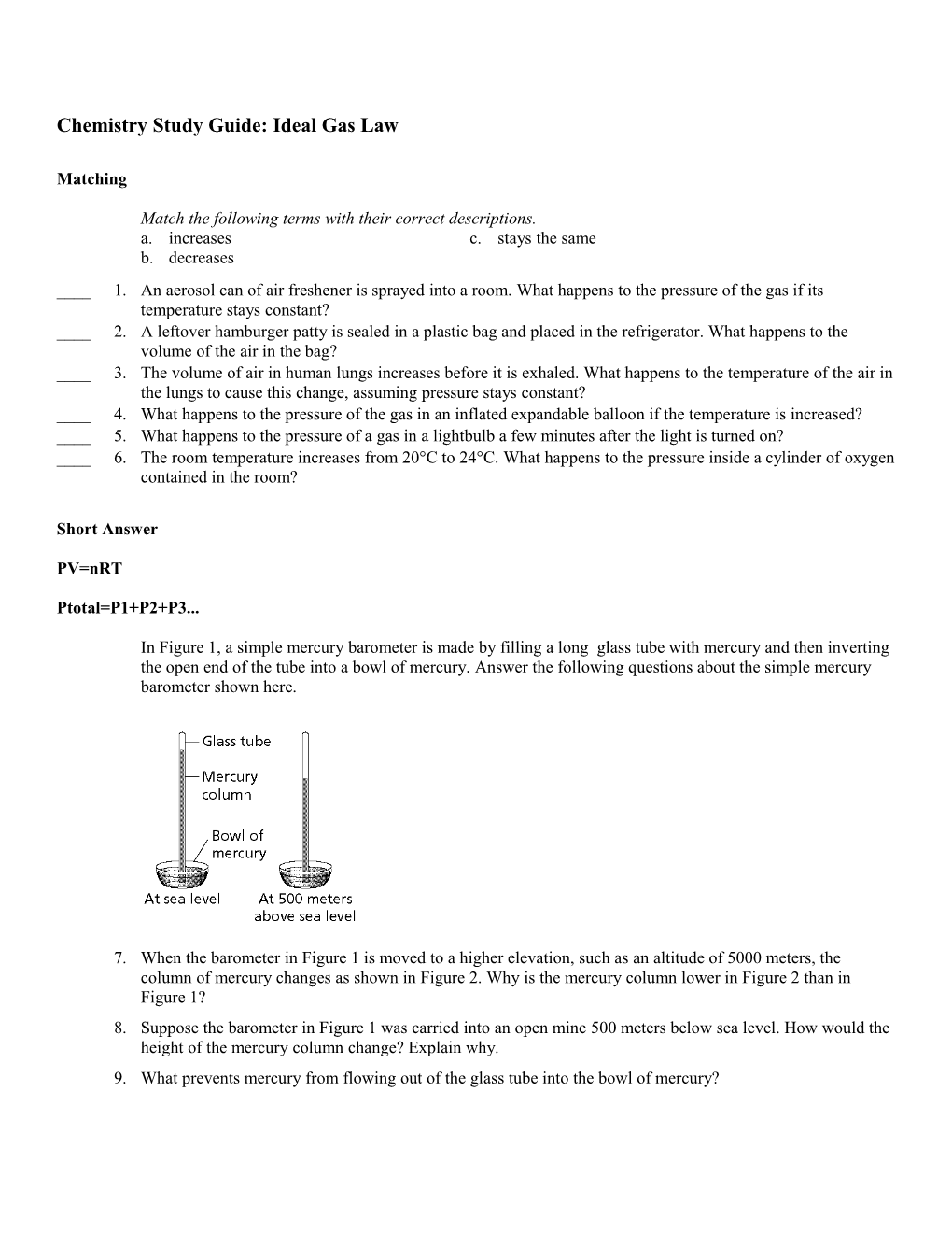 Chemistry Study Guide: Ideal Gas Law