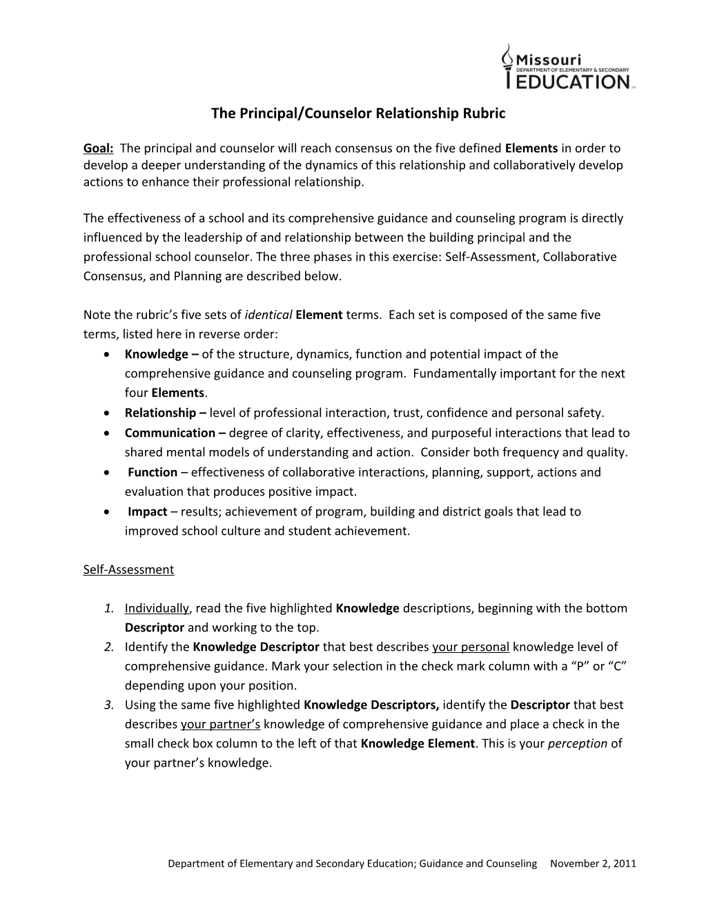 The Principal/Counselor Relationship Rubric