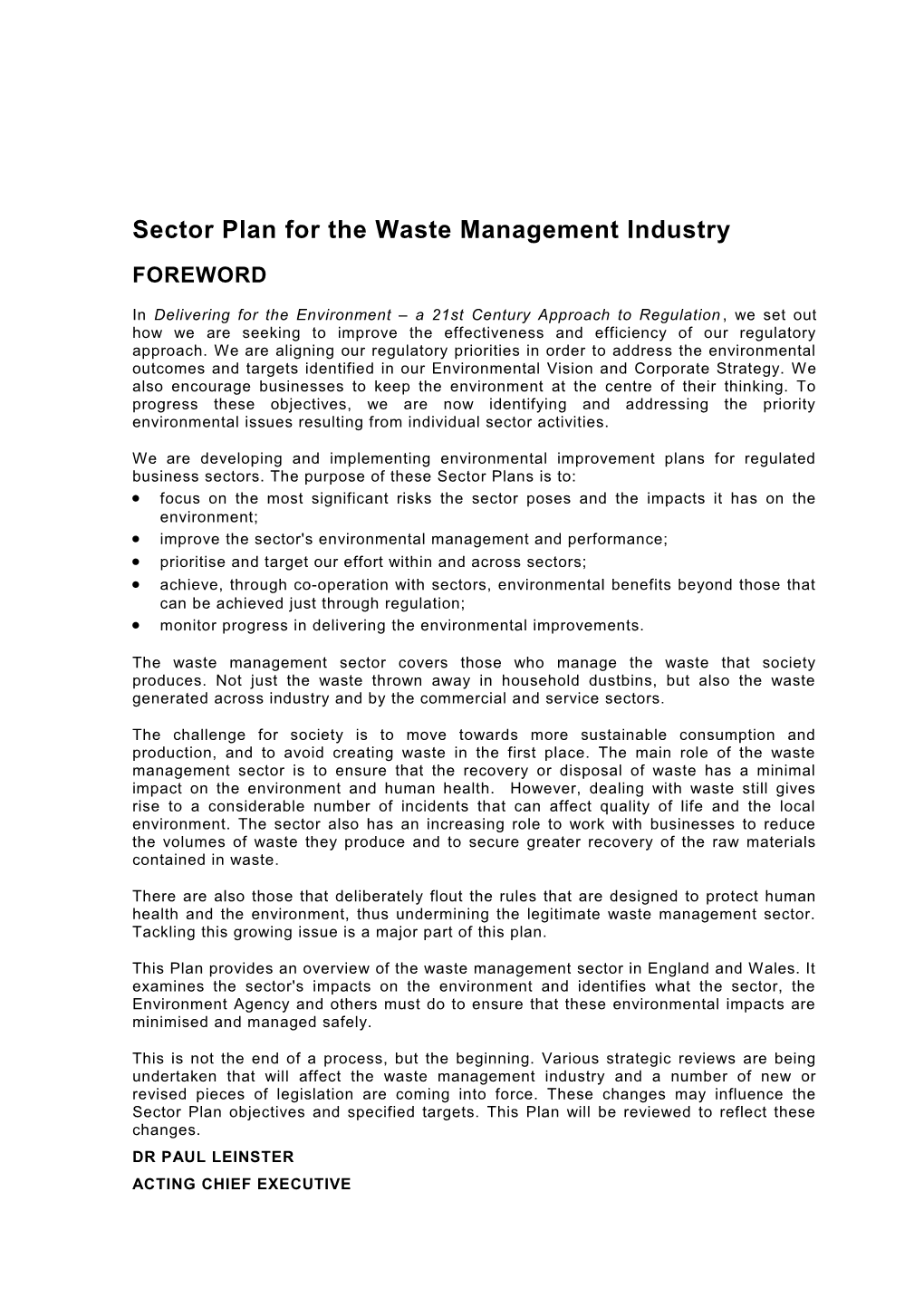 Sector Plan for the Waste Management Industry