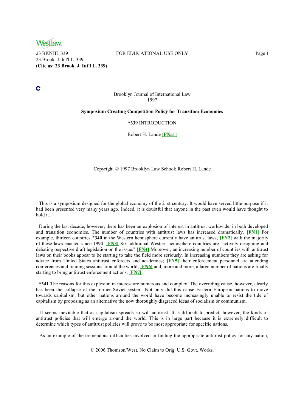 Symposium Creating Competition Policy for Transition Economies