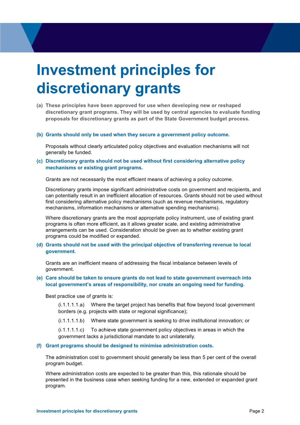 Investment Principles for Discretionary Grants