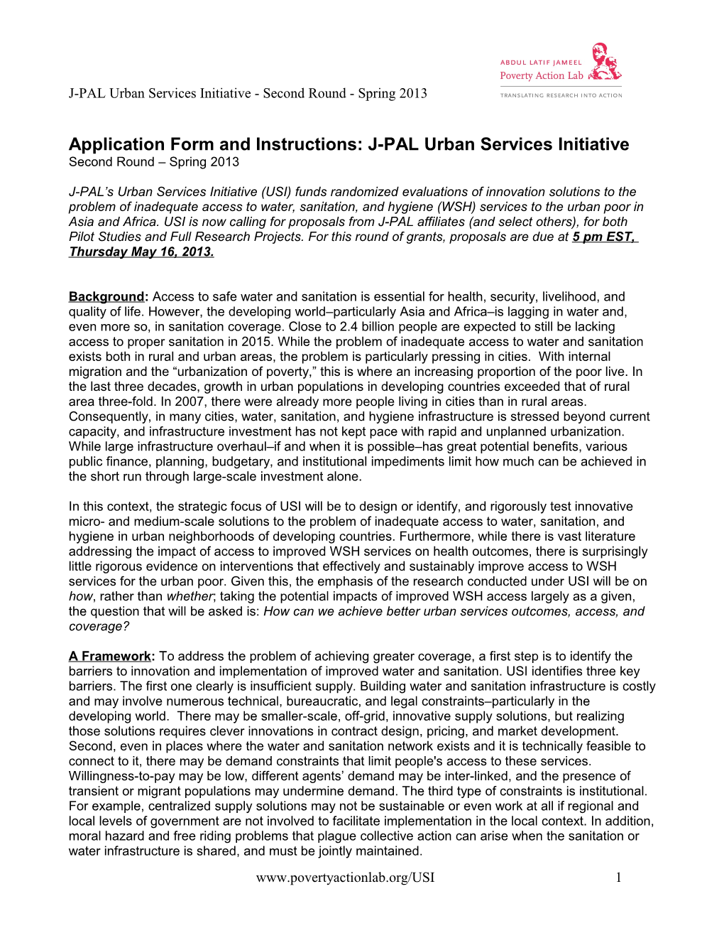 Application Form and Instructions: J-PAL Urban Services Initiative
