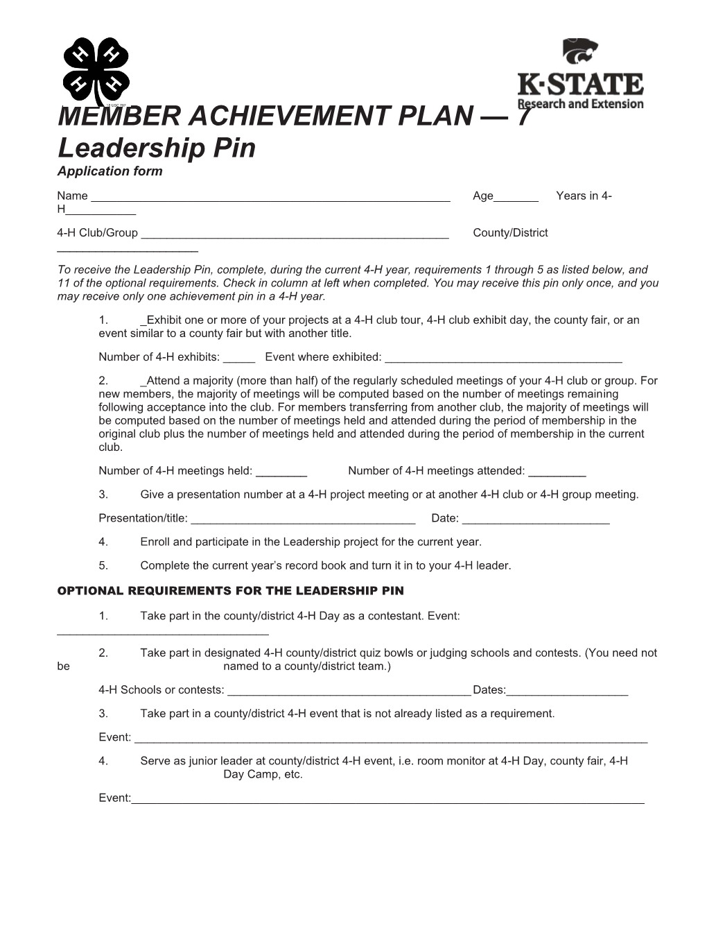 4H504 Membership Achievement Plan 7, Leadership Pin