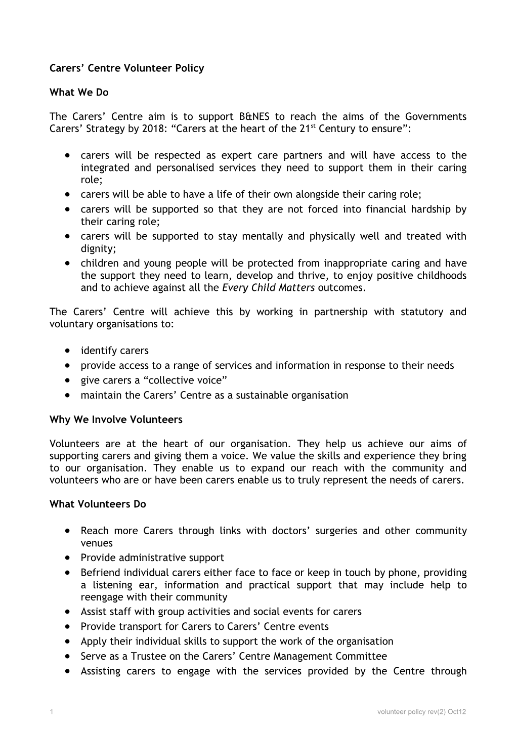 Carers Centre Volunteer Policy