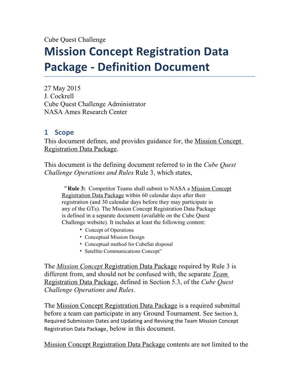 Mission Concept Registration Data Package - Definition Document