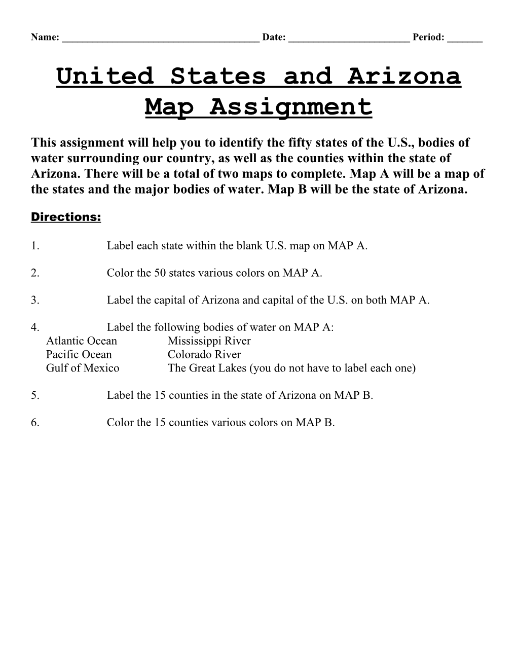 United States And Arizona Map Assignment