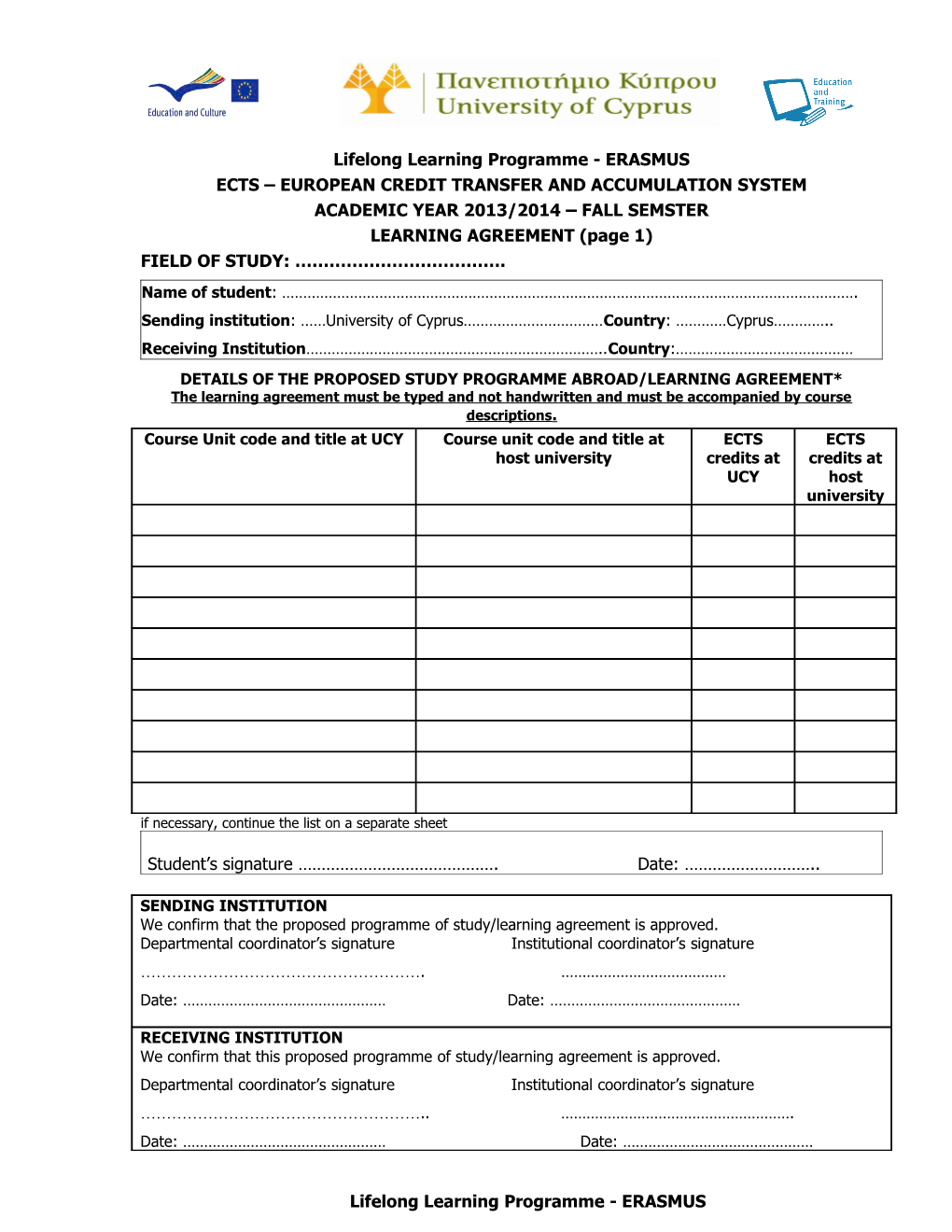 Ects European Credit Transfer and Accumulation System Learning Agreement