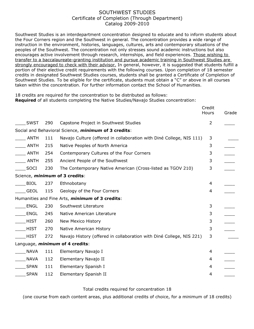 Native/Navajo Studies Concentration