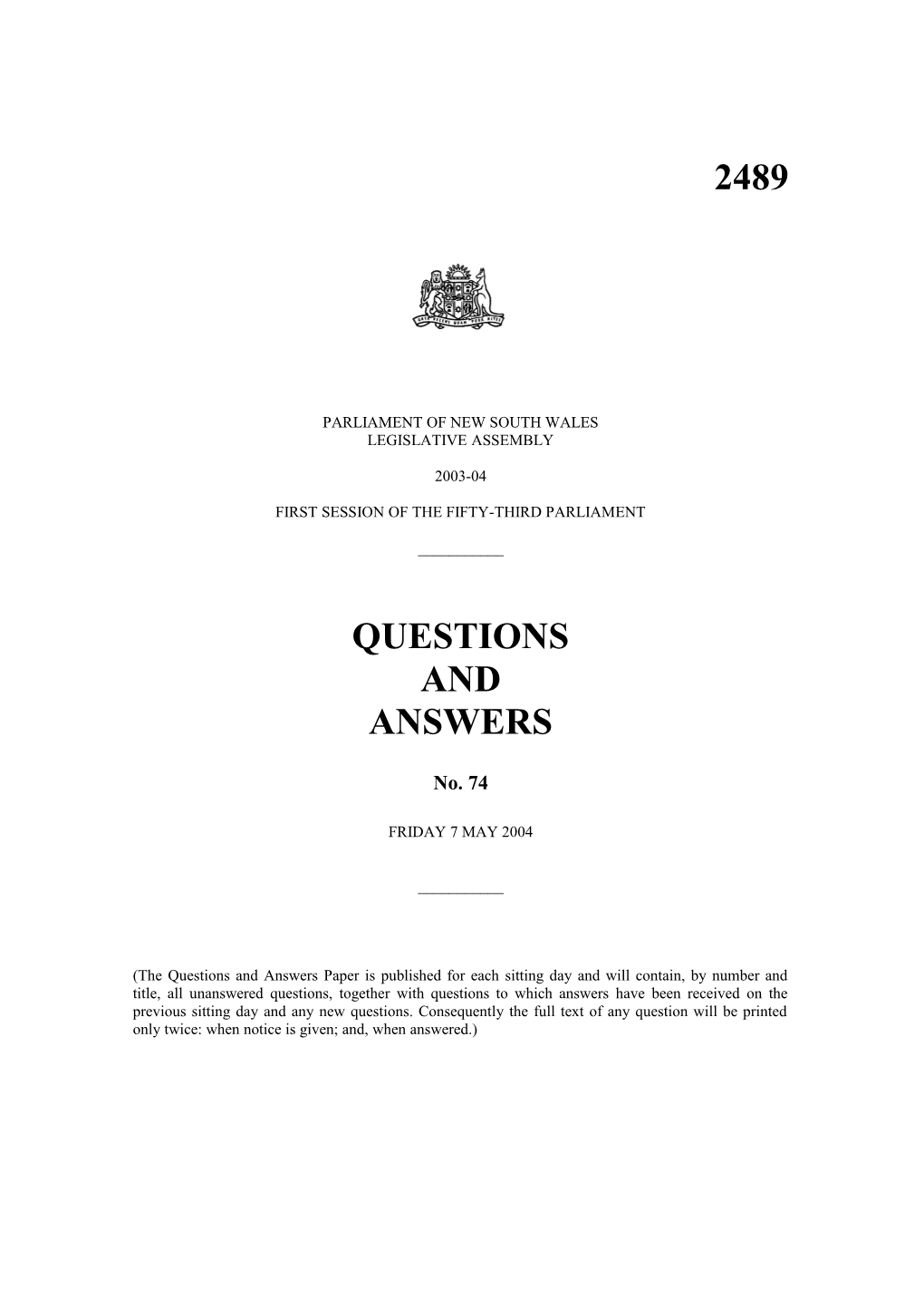 Legislative Assembly Questions and Answers