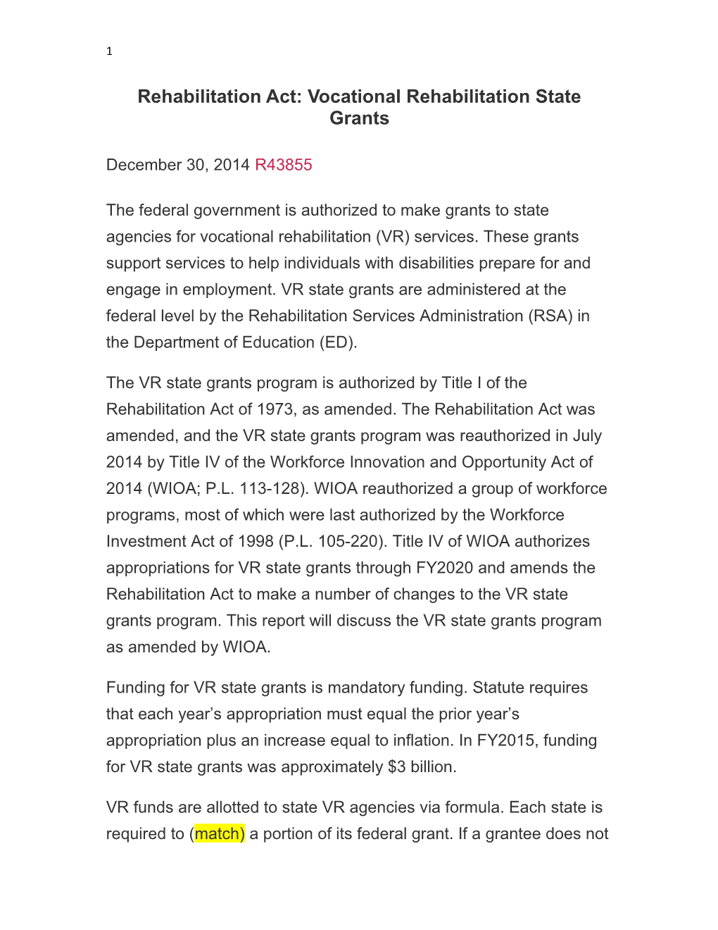 Rehabilitation Act: Vocational Rehabilitation State Grants