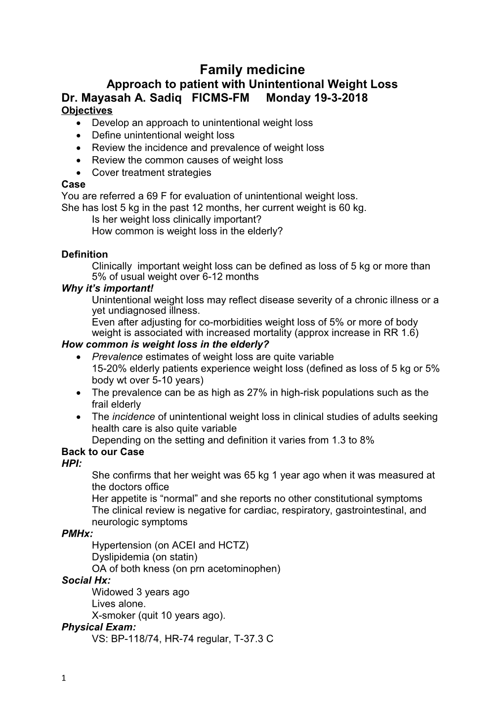 Approach to Patient with Unintentional Weight Loss