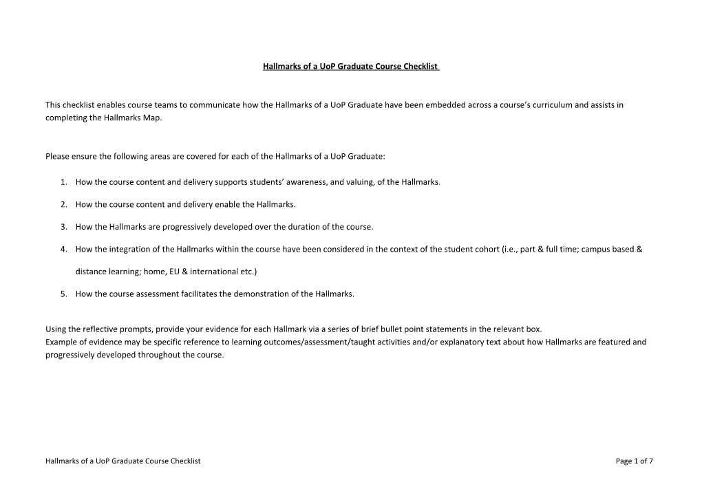 Hallmarks of a Uop Graduate Course Checklist
